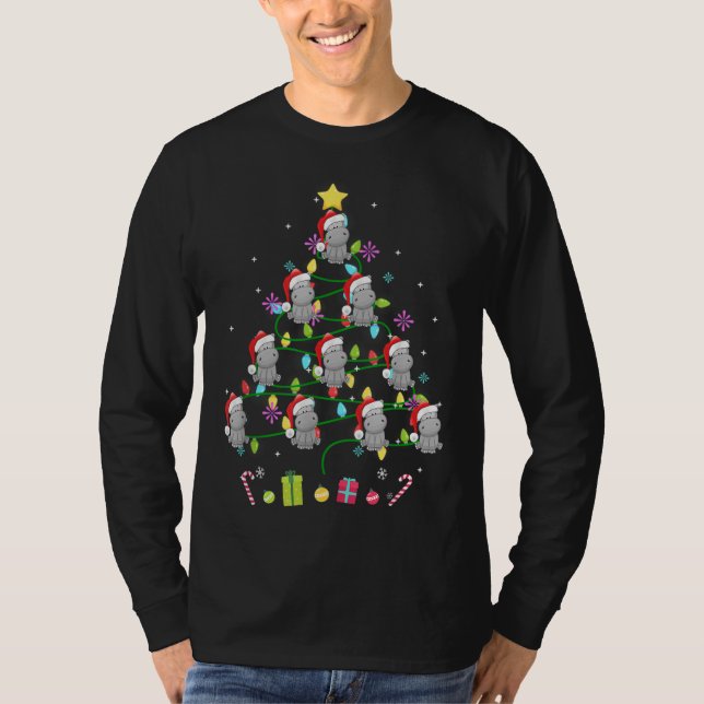 Funny Hippo Christmas Tree Colour Led Light T-Shirt (Front)