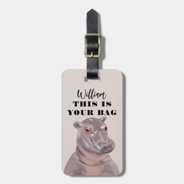 Funny Hippo Illustration Personalised Luggage Tag (Front Vertical)