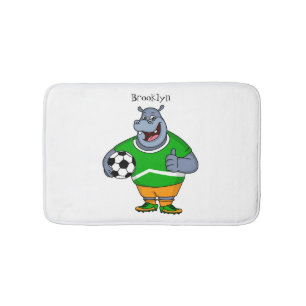 Funny hippo soccer player cartoon illustration bath mat