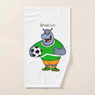 Funny hippo soccer player cartoon illustration  bath towel set