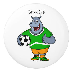 Funny hippo soccer player cartoon illustration  ceramic knob