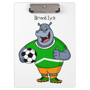 Funny hippo soccer player cartoon illustration clipboard