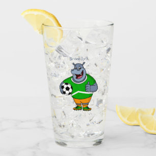 Funny hippo soccer player cartoon illustration glass