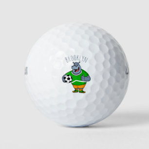 Funny hippo soccer player cartoon illustration golf balls