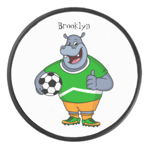 Funny hippo soccer player cartoon illustration hockey puck