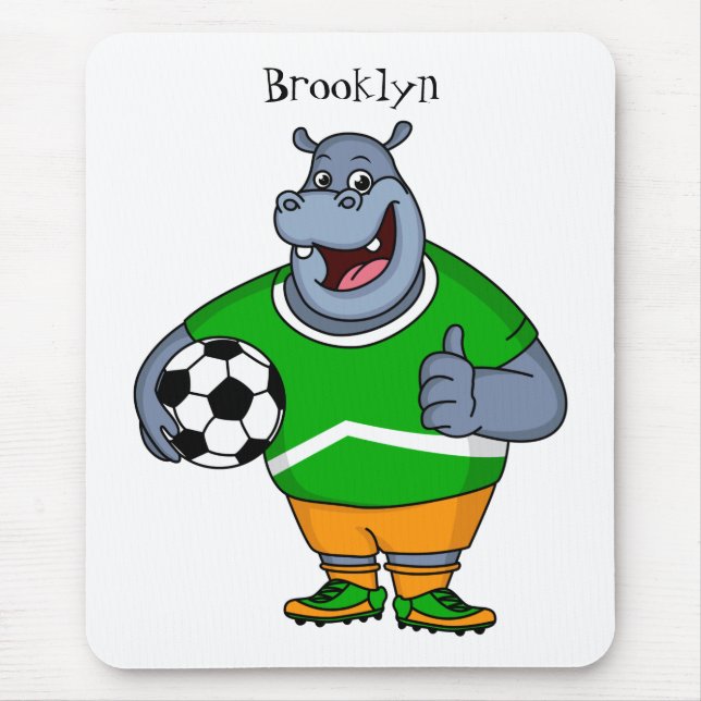 Funny hippo soccer player cartoon illustration  mouse pad (Front)