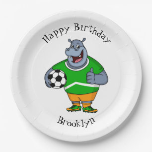 Funny hippo soccer player cartoon illustration paper plate