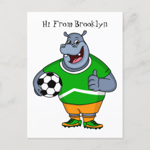 Funny hippo soccer player cartoon illustration  postcard