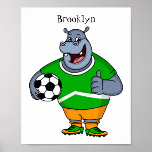 Funny hippo soccer player cartoon illustration poster