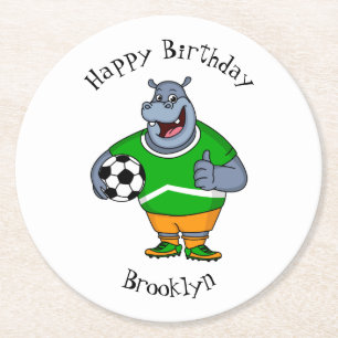 Funny hippo soccer player cartoon illustration round paper coaster