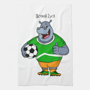 Funny hippo soccer player cartoon illustration tea towel