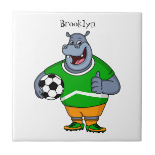 Funny hippo soccer player cartoon illustration tile