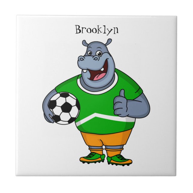 Funny hippo soccer player cartoon illustration tile (Front)