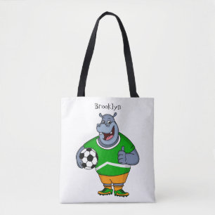 Funny hippo soccer player cartoon illustration tote bag