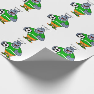 Funny hippo soccer player cartoon illustration wrapping paper