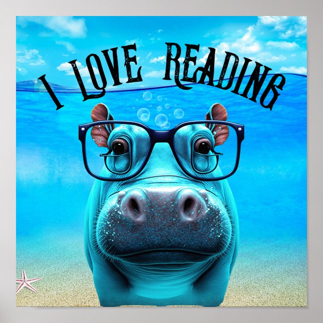 Funny Hippo with Glasses I Love Reading Library Poster (Front)