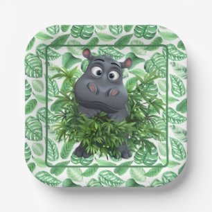 Funny Hippo With Green Palm Leaves Paper Napkin Paper Plate