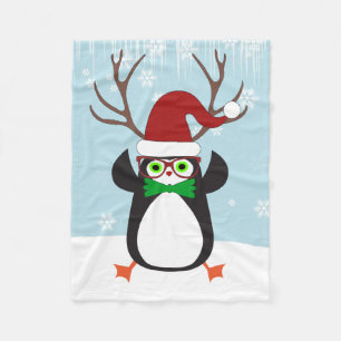 Funny Hipster Christmas Penguin with Antlers Fleece Blanket