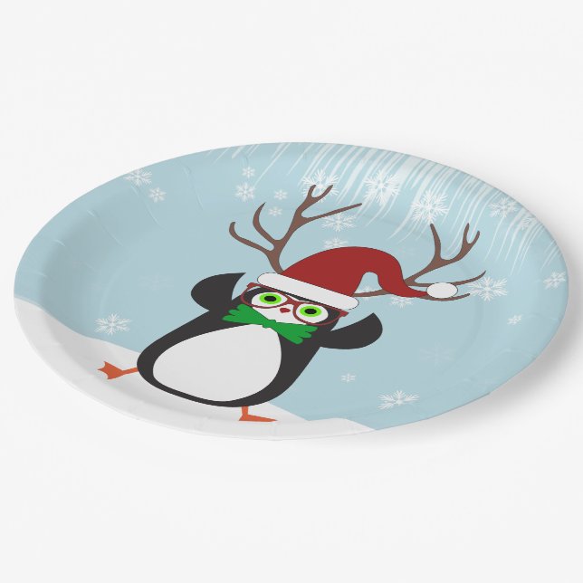 Funny Hipster Christmas Penguin with antlers Paper Plate (Angled)