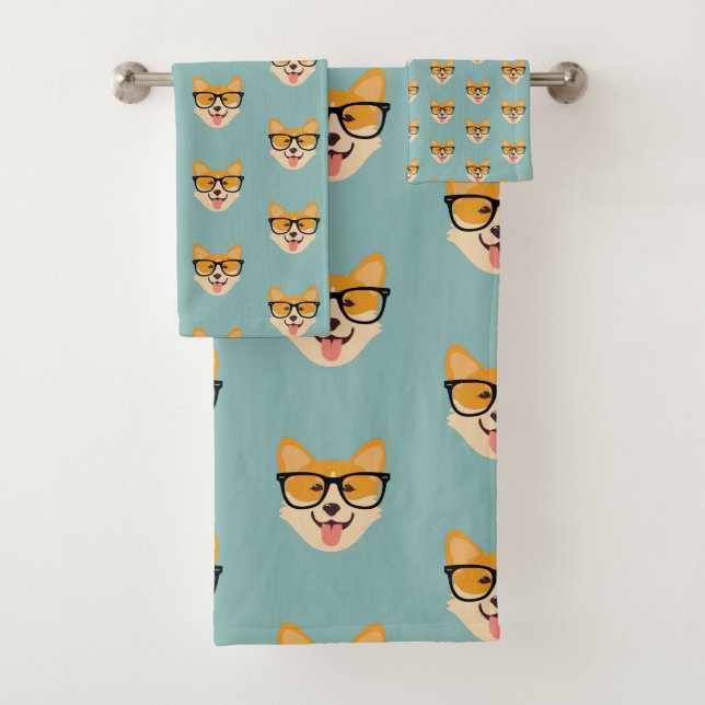 Funny Hipster Corgi Pattern Bath Towel Set (Insitu)