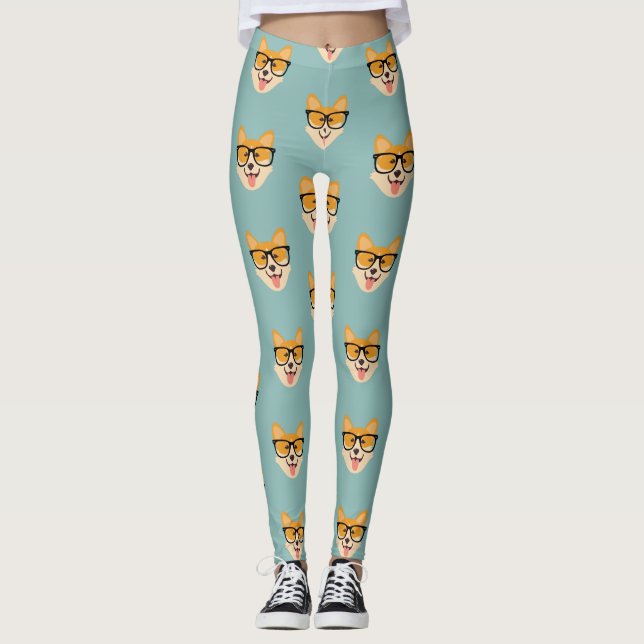 Funny Hipster Corgi Pattern Leggings (Front)