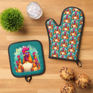 Funny Hipster Rooster Retro Pop Art Illustration Oven Mitt & Pot Holder Set