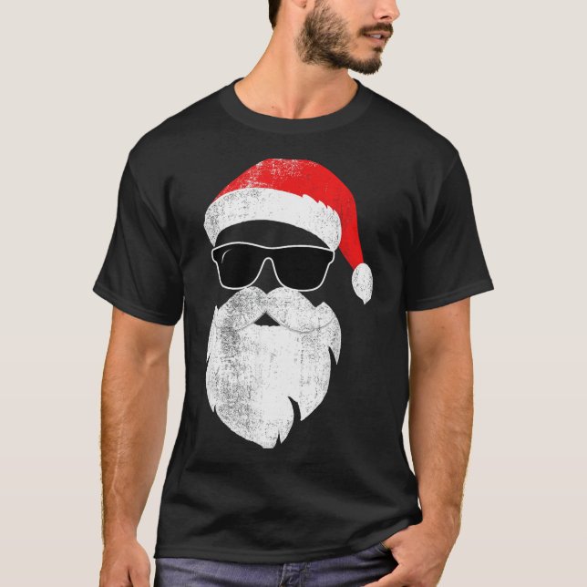 Funny Hipster Santa Face With Hat Beard &amp; Gles T-Shirt (Front)