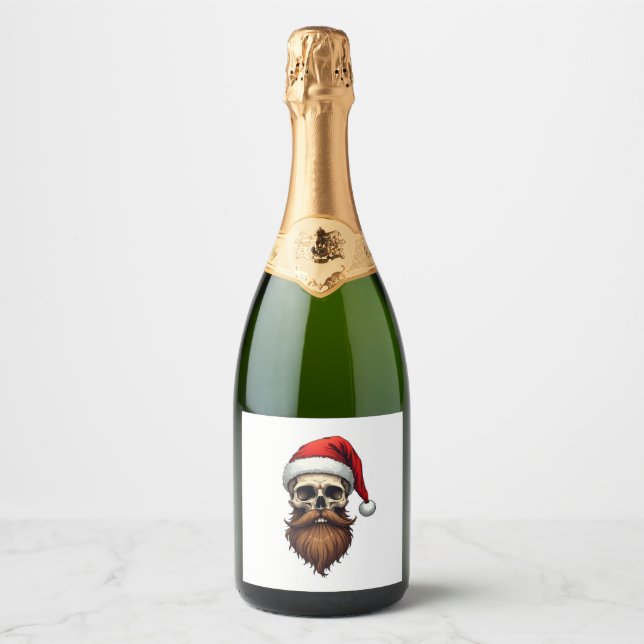 Funny Hipster Santa Skull Face With Hat Beard Chri Sparkling Wine Label (Front)