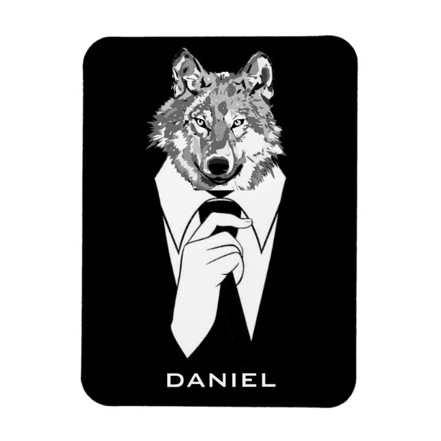Funny Hipster Wolf with Black Tuxedo Personalised Magnet (Vertical)