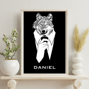 Funny Hipster Wolf with Black Tuxedo Personalised Poster
