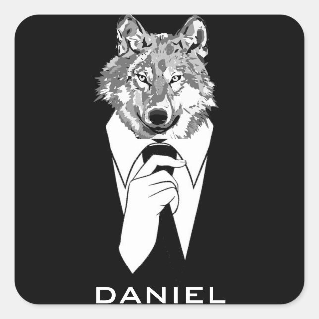 Funny Hipster Wolf with Black Tuxedo Personalised Square Sticker (Front)