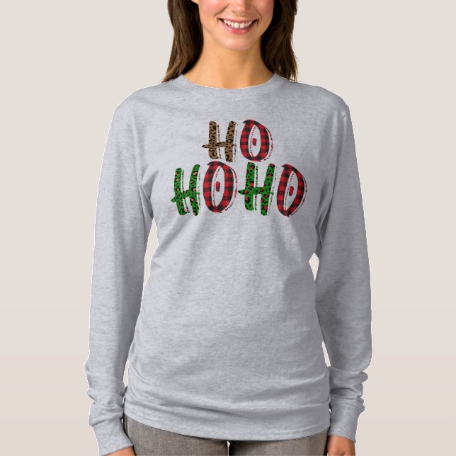 Funny Ho Ho Ho Buffalo Plaid Trendy Christmas T-Shirt (Front)