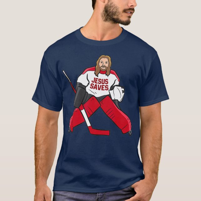 Funny Hockey Jesus Saves Hockey Goalie T-Shirt (Front)