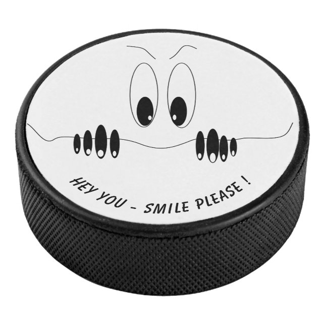 Funny Hockey Puck with Curiosity Eyes Custom Text (3/4)