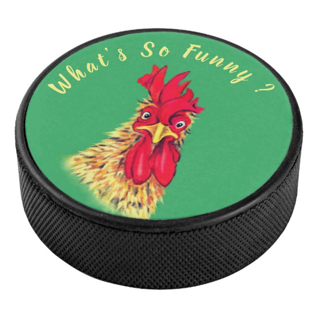 Funny Hockey Puck with Surprised Rooster (3/4)