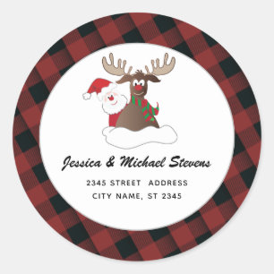 Funny holiday cartoon reindeer Santa plaid Label