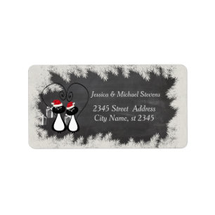Funny holiday cartoon Santa cat couple chalkboard Label
