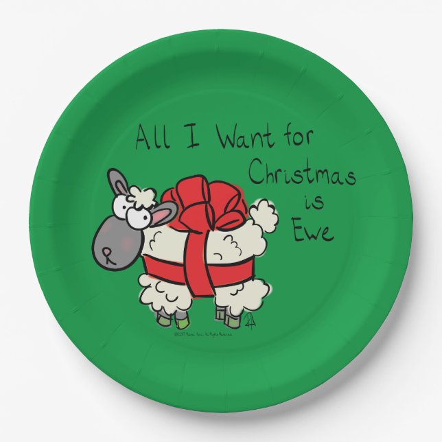 Funny Holiday Cute Sheep Christmas Cartoon Paper Plate (Front)