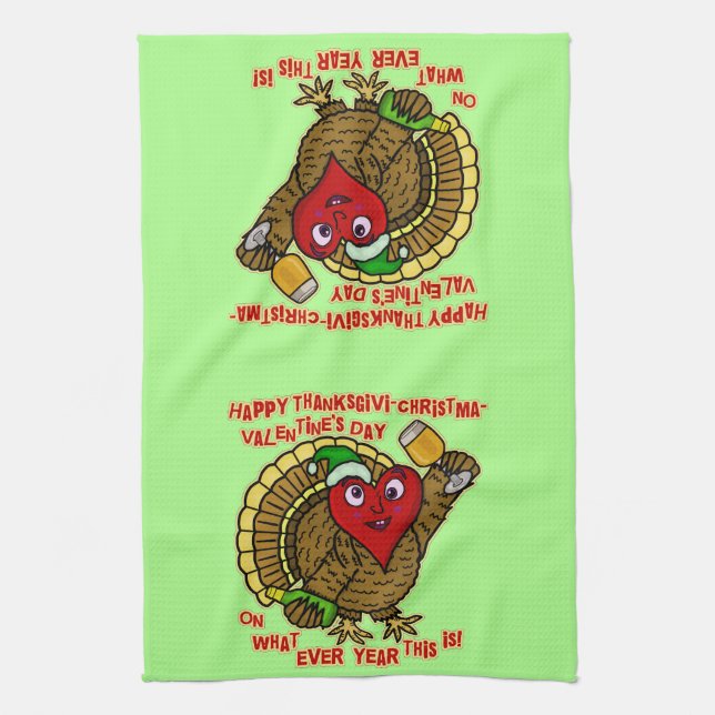 Funny Holiday Drunk Turkey Heart Tea Towel (Vertical)