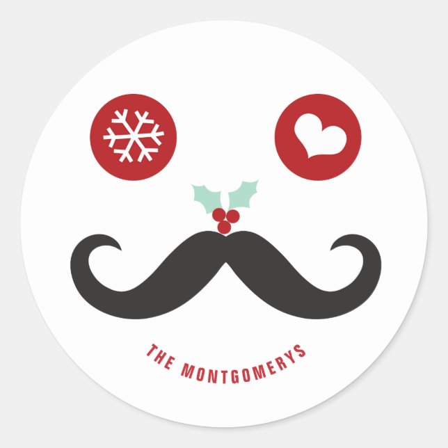 Funny Holiday Moustache Face Mistletoe Christmas Classic Round Sticker (Front)