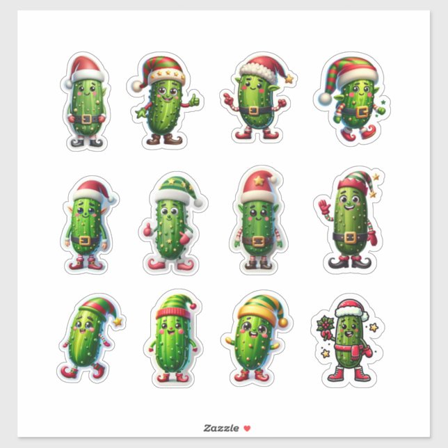 Funny Holiday Pickles in Santa Hats (Sheet)