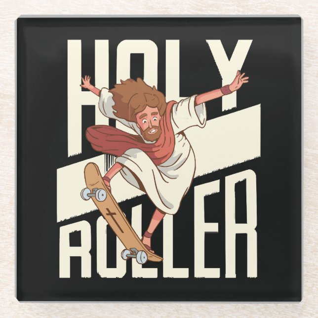 Funny Holy Roller Skateboarding Jesus Glass Coaster (Front)