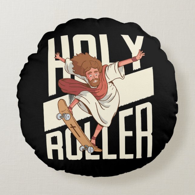 Funny Holy Roller Skateboarding Jesus Round Cushion (Front)