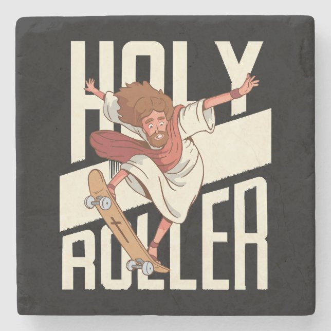 Funny Holy Roller Skateboarding Jesus Stone Coaster (Front)
