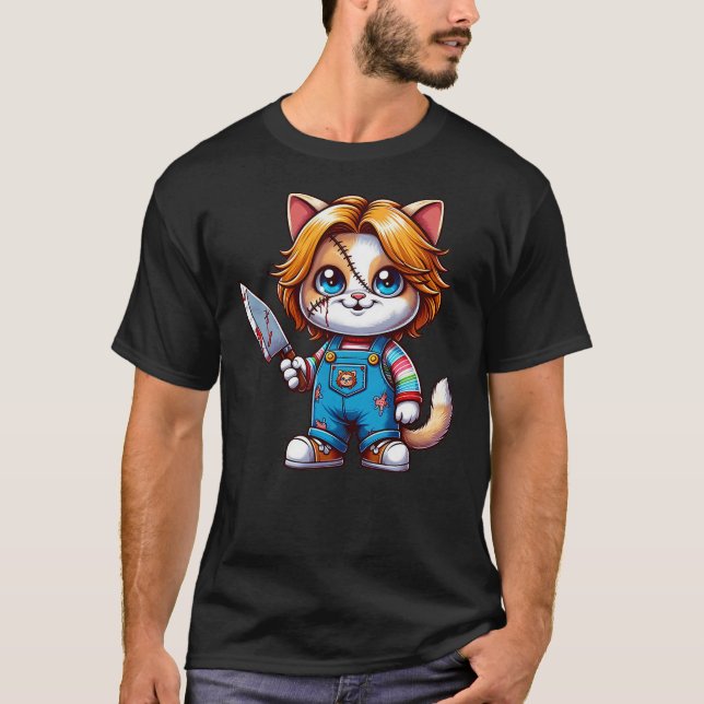 Funny Horror Halloween Chuckie Cat T-Shirt (Front)