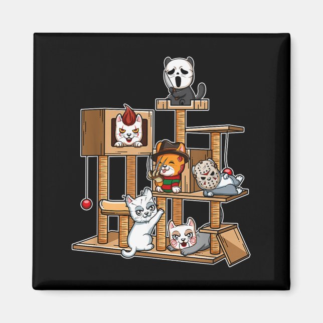 Funny Horror Movie Kitten Playing On Cat Tree Magnet (Front)