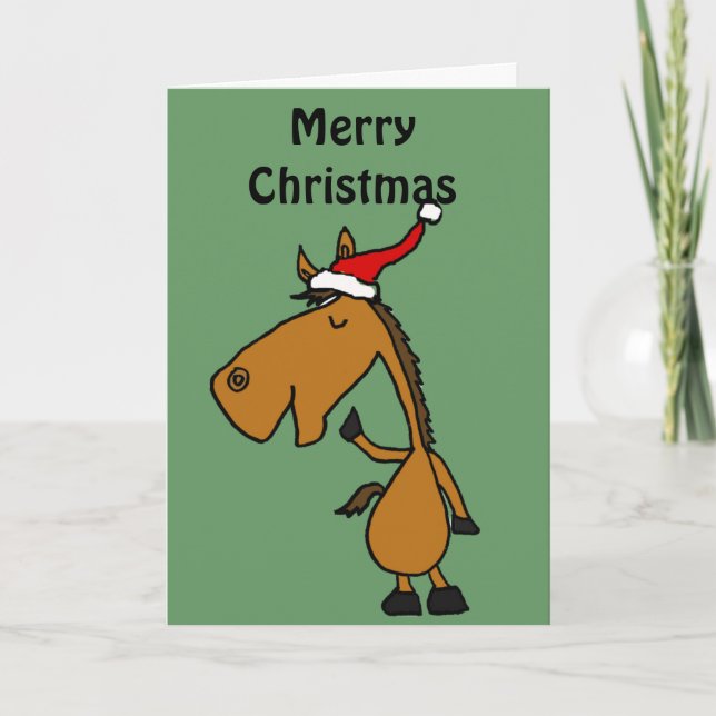 Funny Horse in Santa Hat Christmas Art Holiday Card (Front)