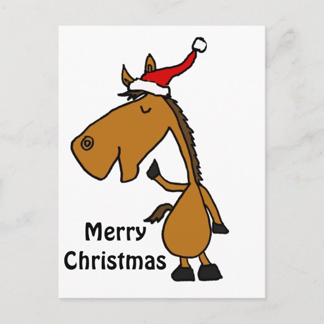 Funny Horse in Santa Hat Christmas Art Holiday Postcard (Front)
