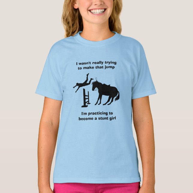 Funny Horse Jumping Stunt Girl In Training T-Shirt (Front)