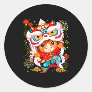 Funny Horse Lion Dance Chinese New Year Kid Men  Classic Round Sticker